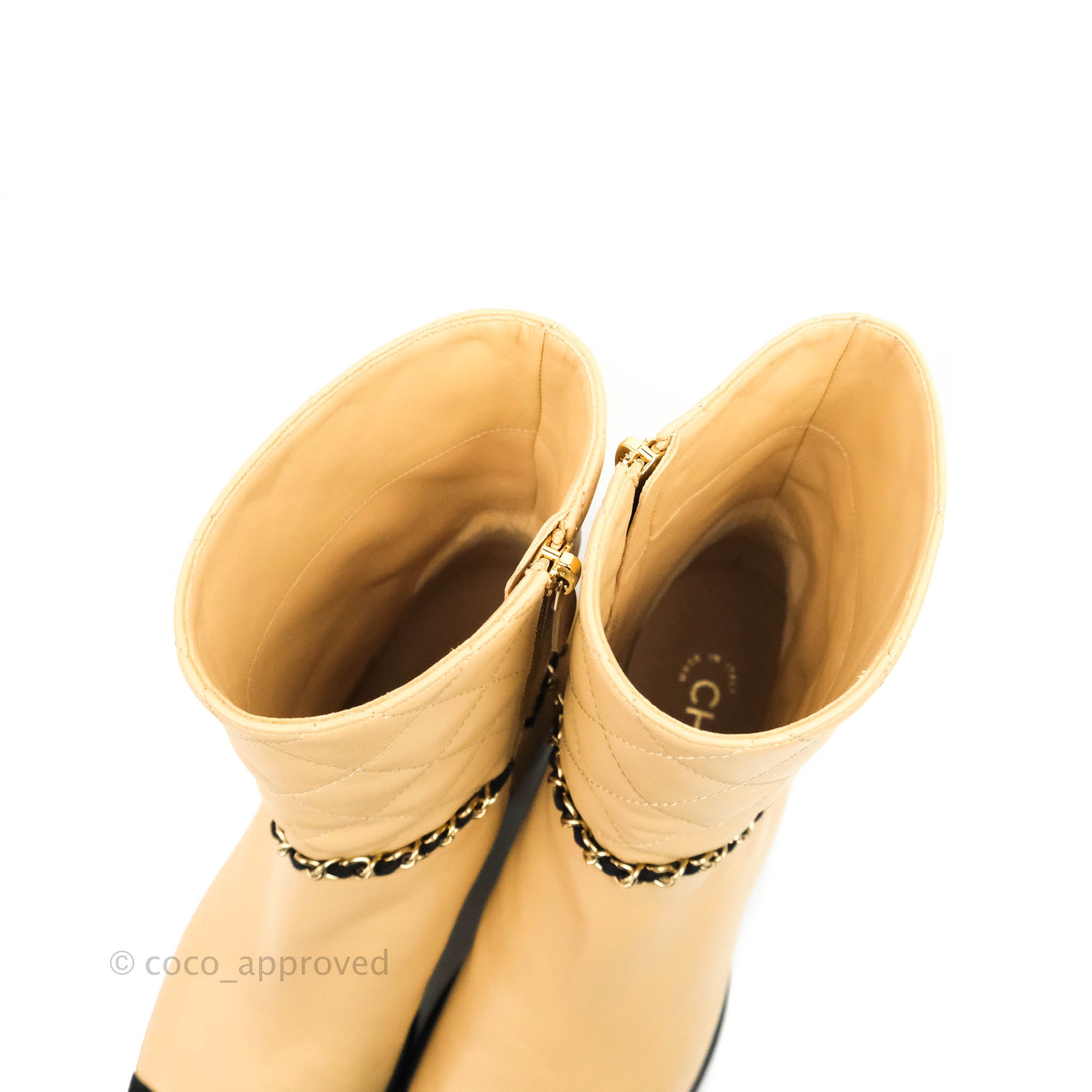 Chanel Chain Link CC Cap-toe Ankle Boots Beige Lambskin Black