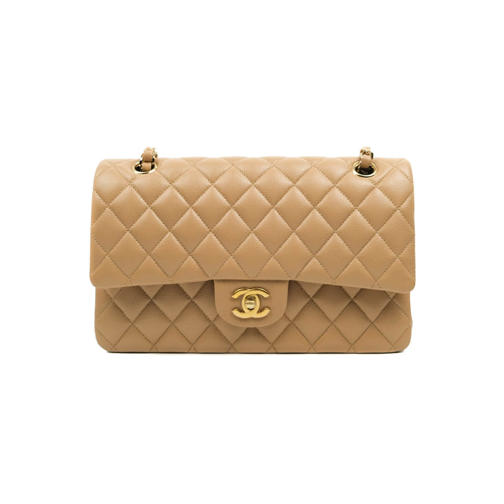 Chanel Classic M/L Medium Double Flap Dark Beige Caviar Gold Hardware 19B