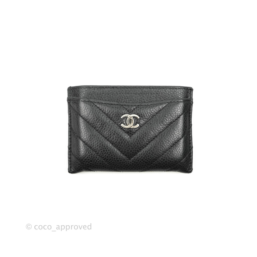 Chanel Classic Chevron Flat Card Holder Black Caviar Silver Hardware