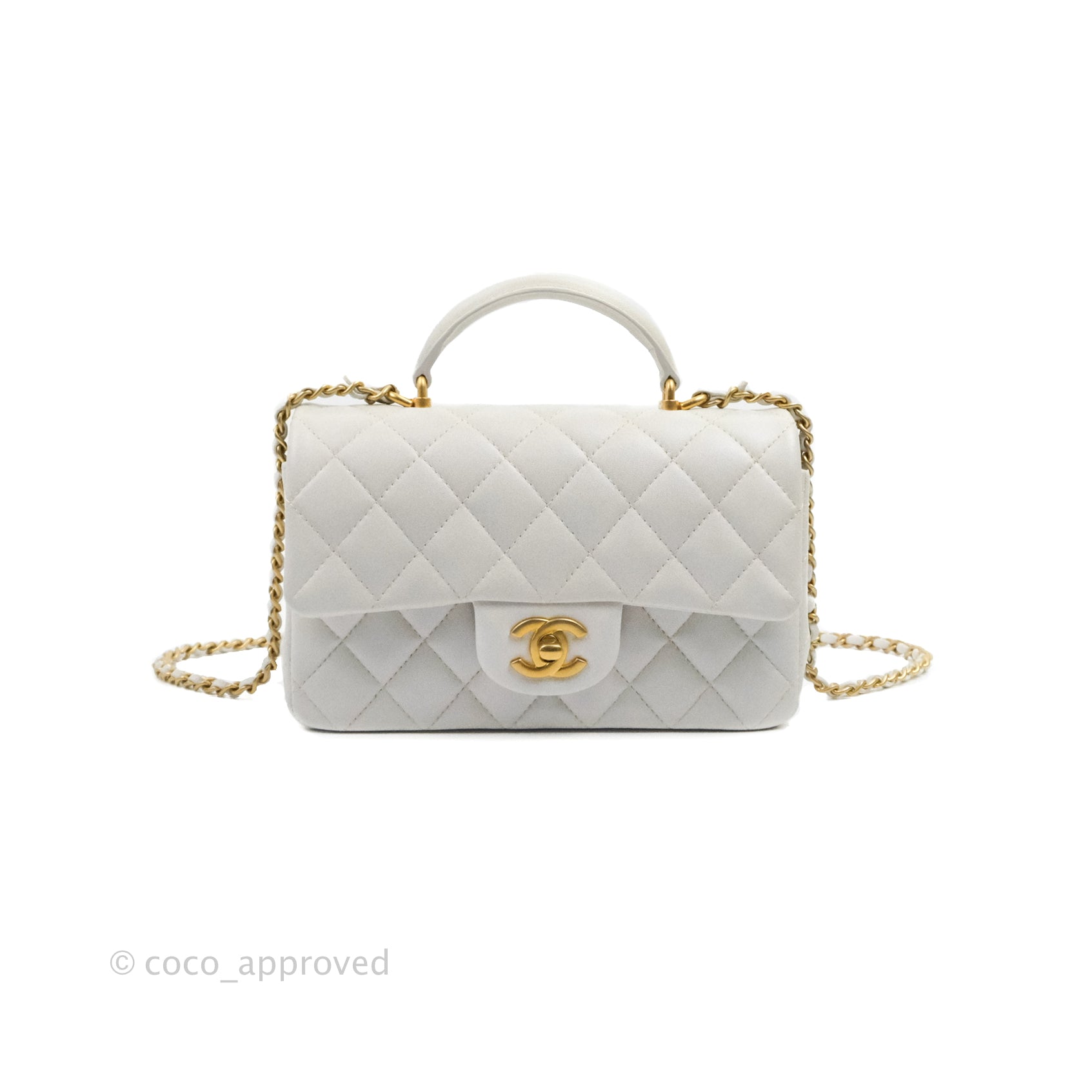 Chanel Top Handle Mini Rectangular Flap Bag Iridescent White Lambskin Aged  Gold Hardware