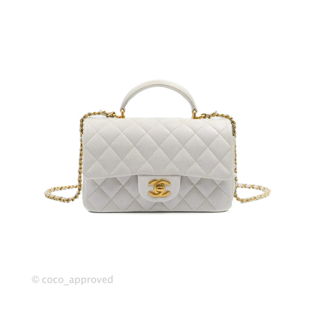 Chanel Top Handle Mini Rectangular Flap Bag Iridescent White Lambskin Aged Gold Hardware