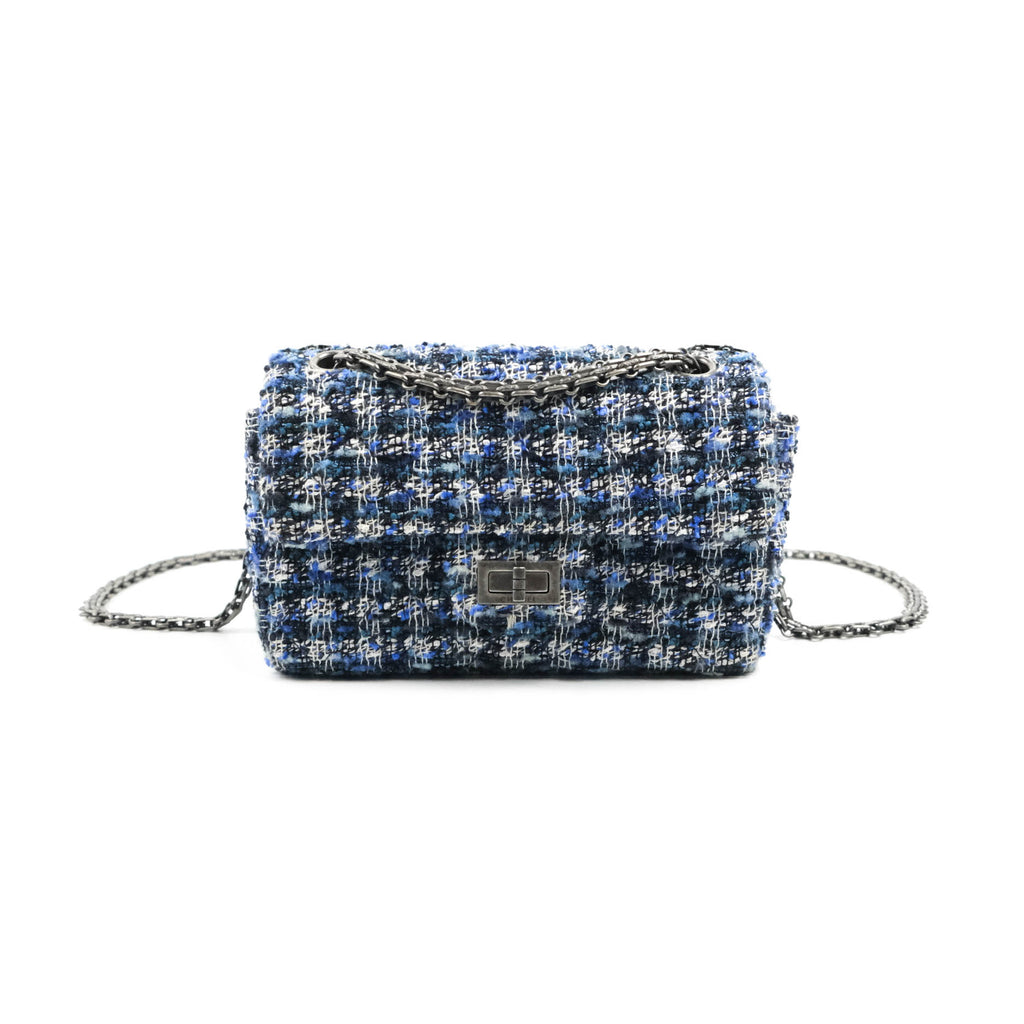 Chanel Mini Reissue 224 Blue Tweed Ruthenium Hardware