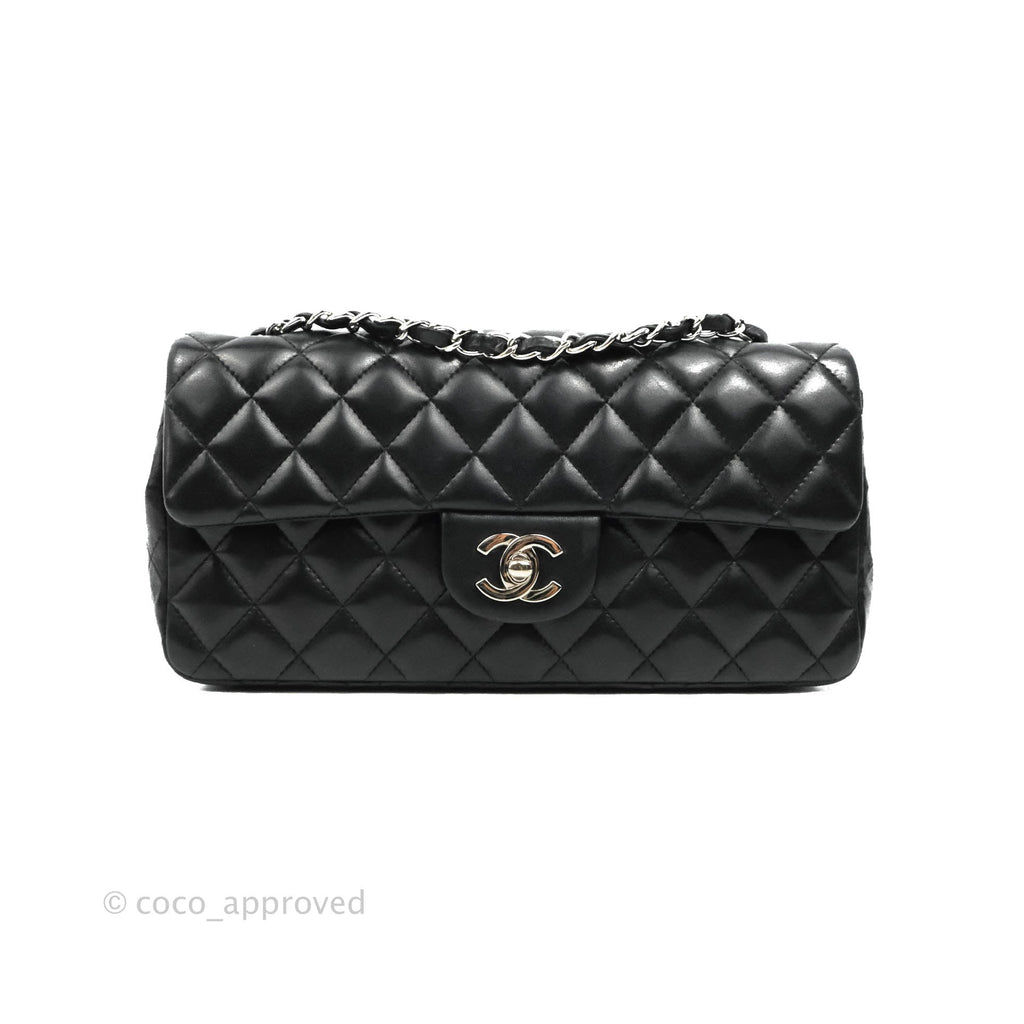 Chanel Quilted East West Flap Bag Black Lambskin Silver Hardware