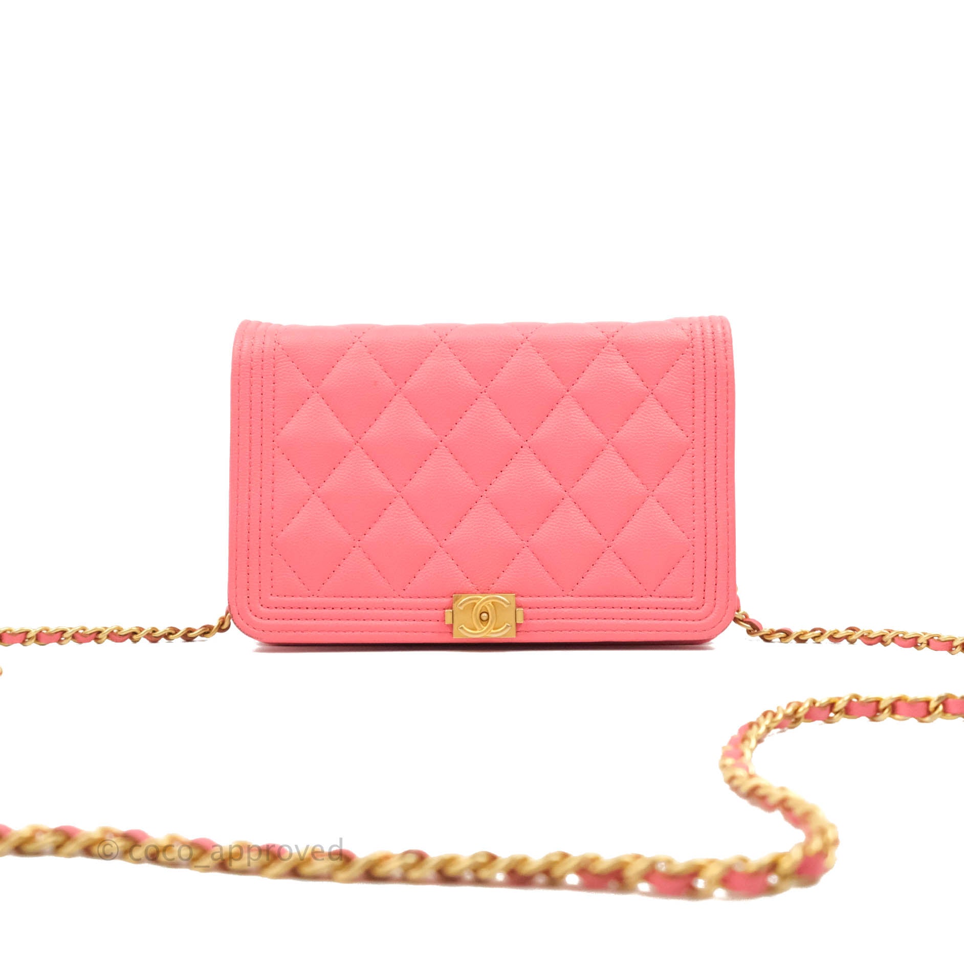 Sold at Auction: Chanel Quilted Peach Patent Leather Wallet on Chain