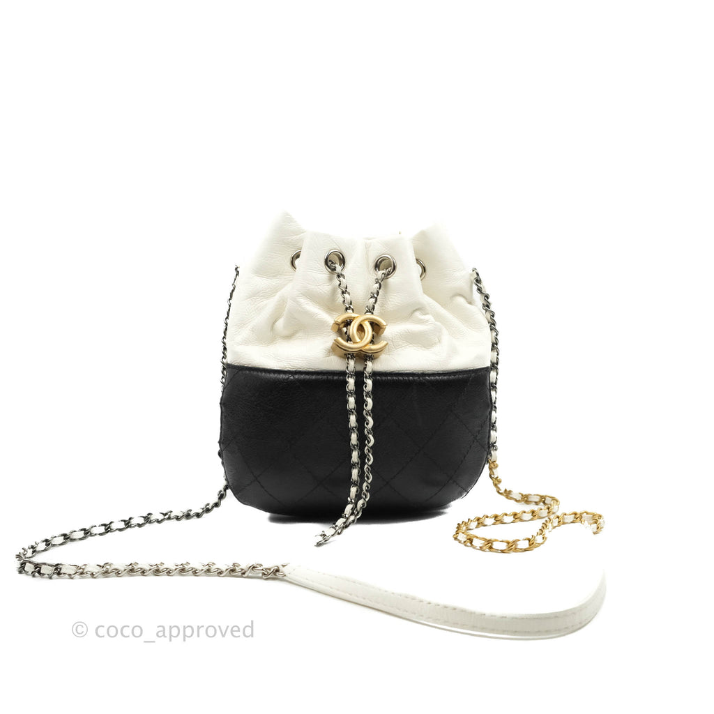 Chanel Small Gabrielle Drawstring Bag White Black Calfskin