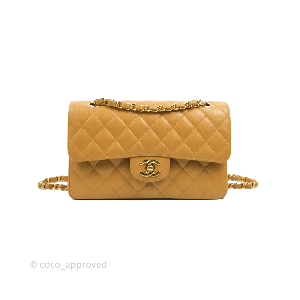 Chanel S/M Small Classic Quilted Flap Dark Beige Caviar 24K Gold Hardware