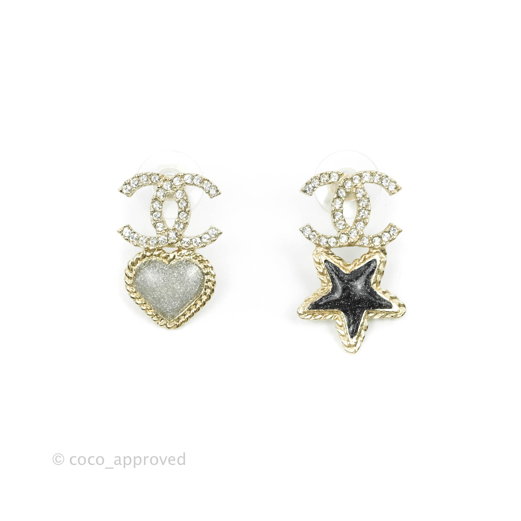 Chanel Crystal CC Glitter Heart & Star Earrings Gold Tone 20S