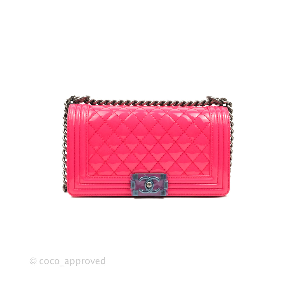 Chanel Quilted Medium Boy Bag Pink Patent Ruthenium Hardware