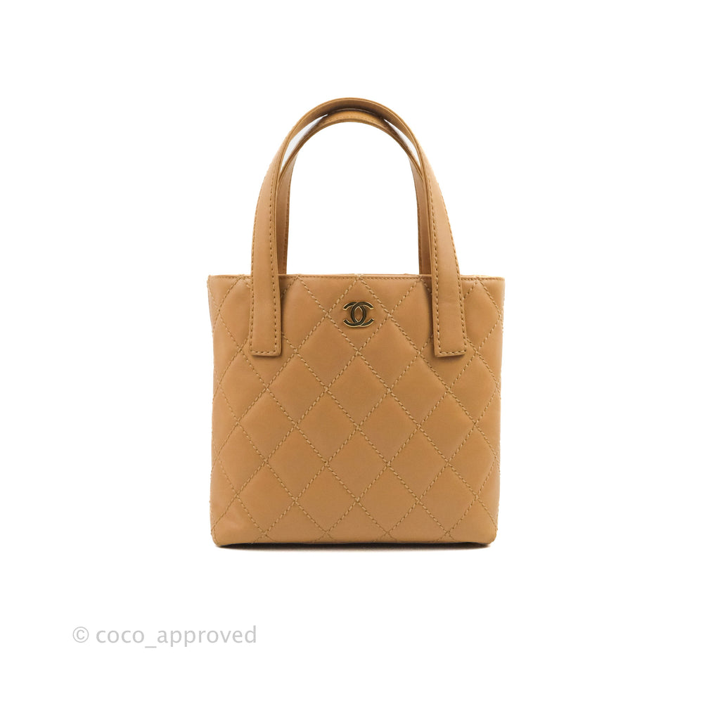 Chanel Vintage Quilted CC Tote Bag Beige Calfskin Gold Hardware