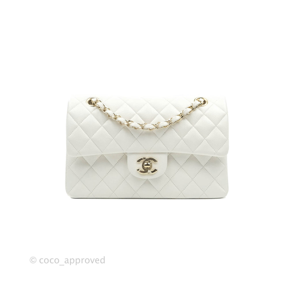 Chanel Small S/M Classic Quilted Flap White Caviar Gold Hardware