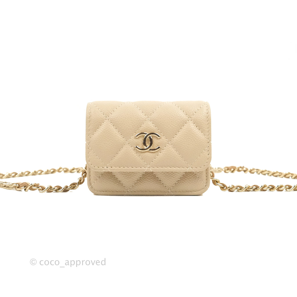 Chanel Quilted Card Holder with CC Chain Beige Caviar Gold Hardware