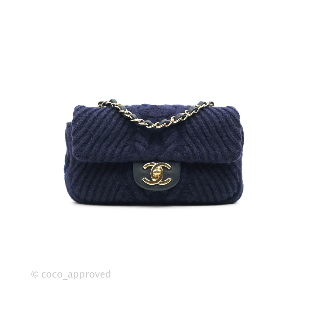 Chanel Mini Rectangular Flap Navy Blue Cable Knit Gold Hardware