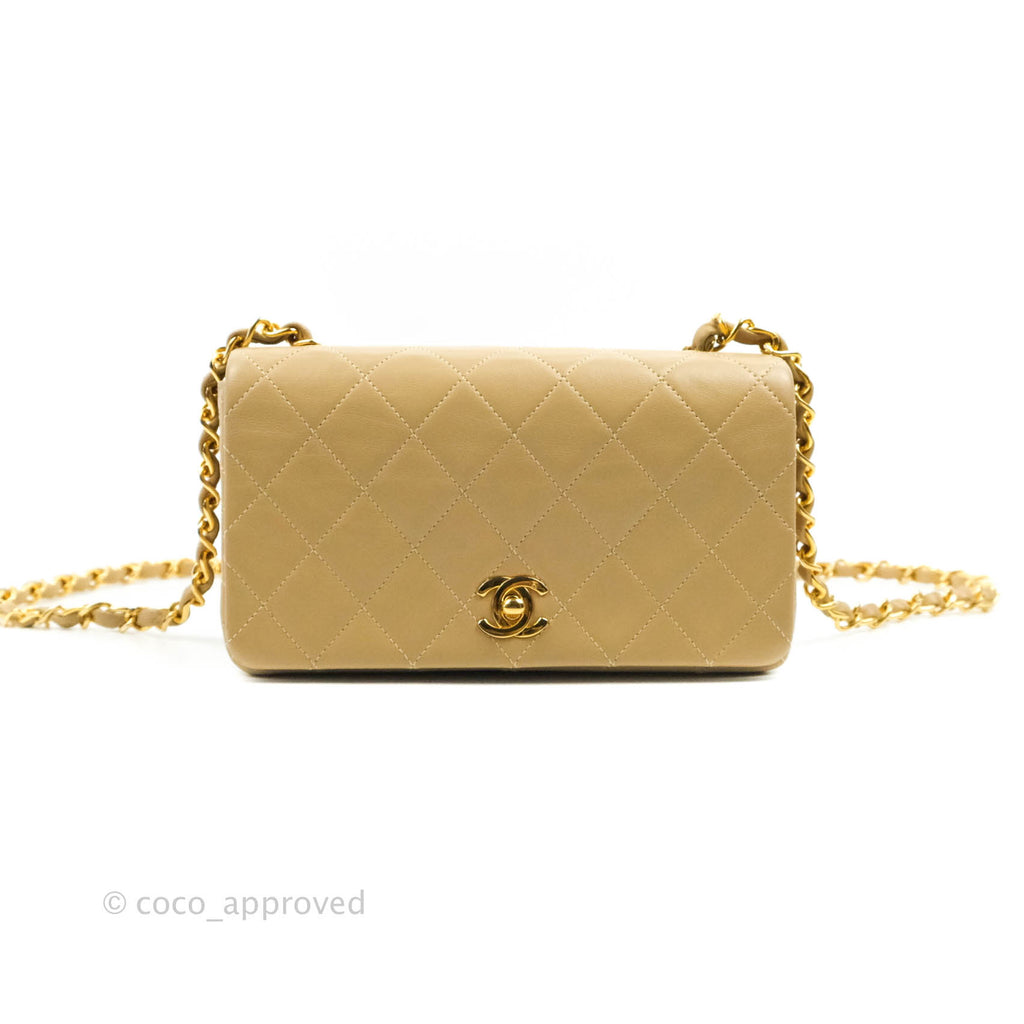 Chanel Vintage Small Single Full Flap Bag Beige Lambskin 24K Gold
