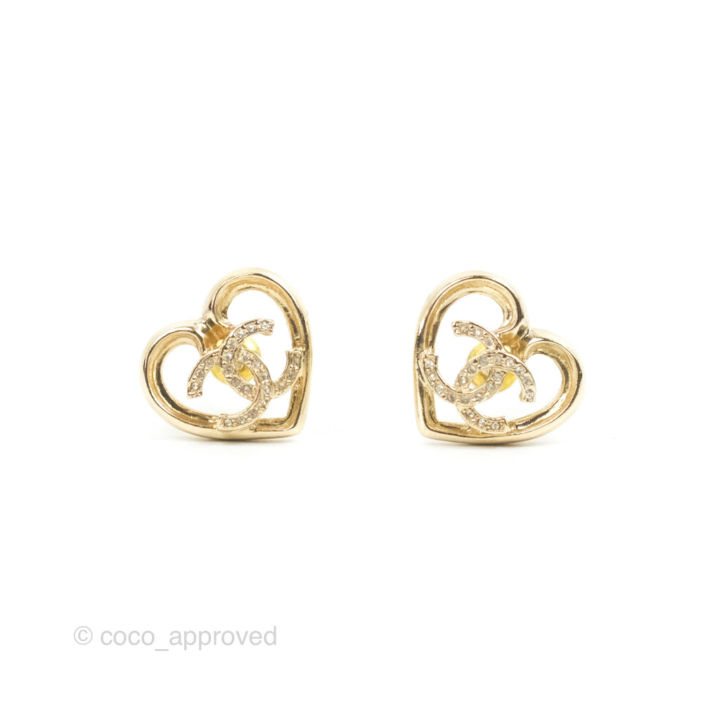 Chanel CC Crystal Heart Shape Earrings Gold Tone 23C