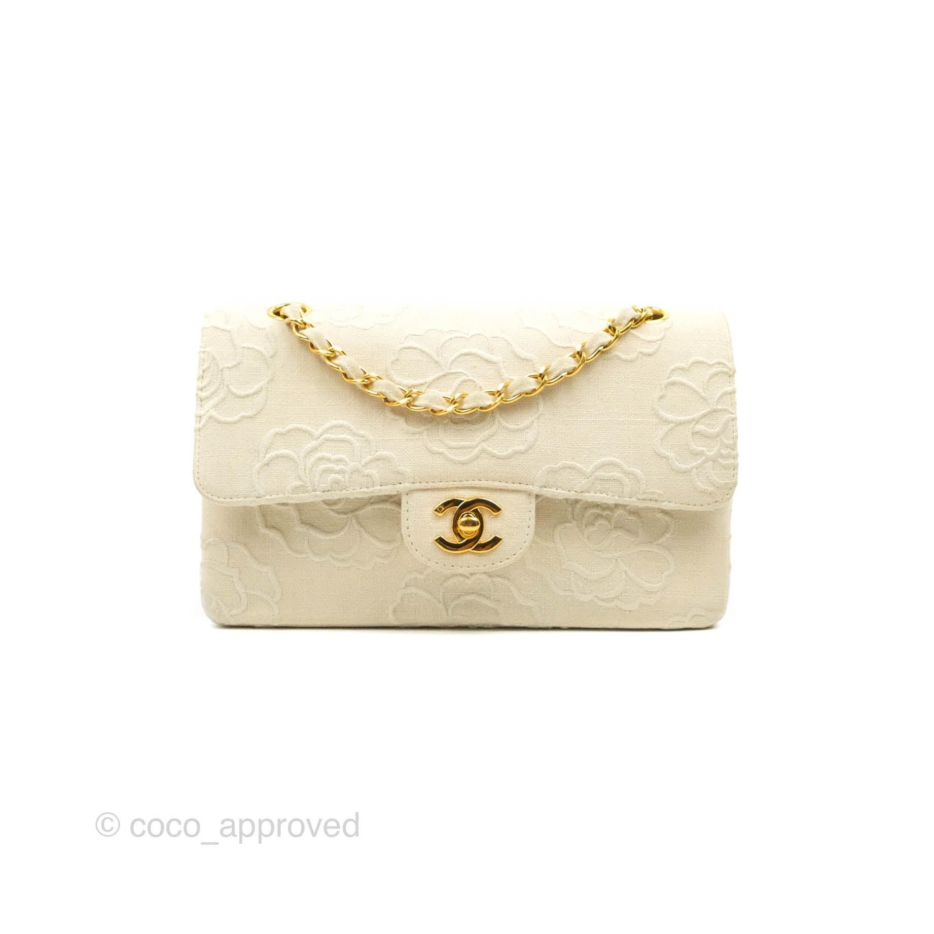 Chanel Small Flap Camellia Embroidered Ivory Beige Linen Canvas