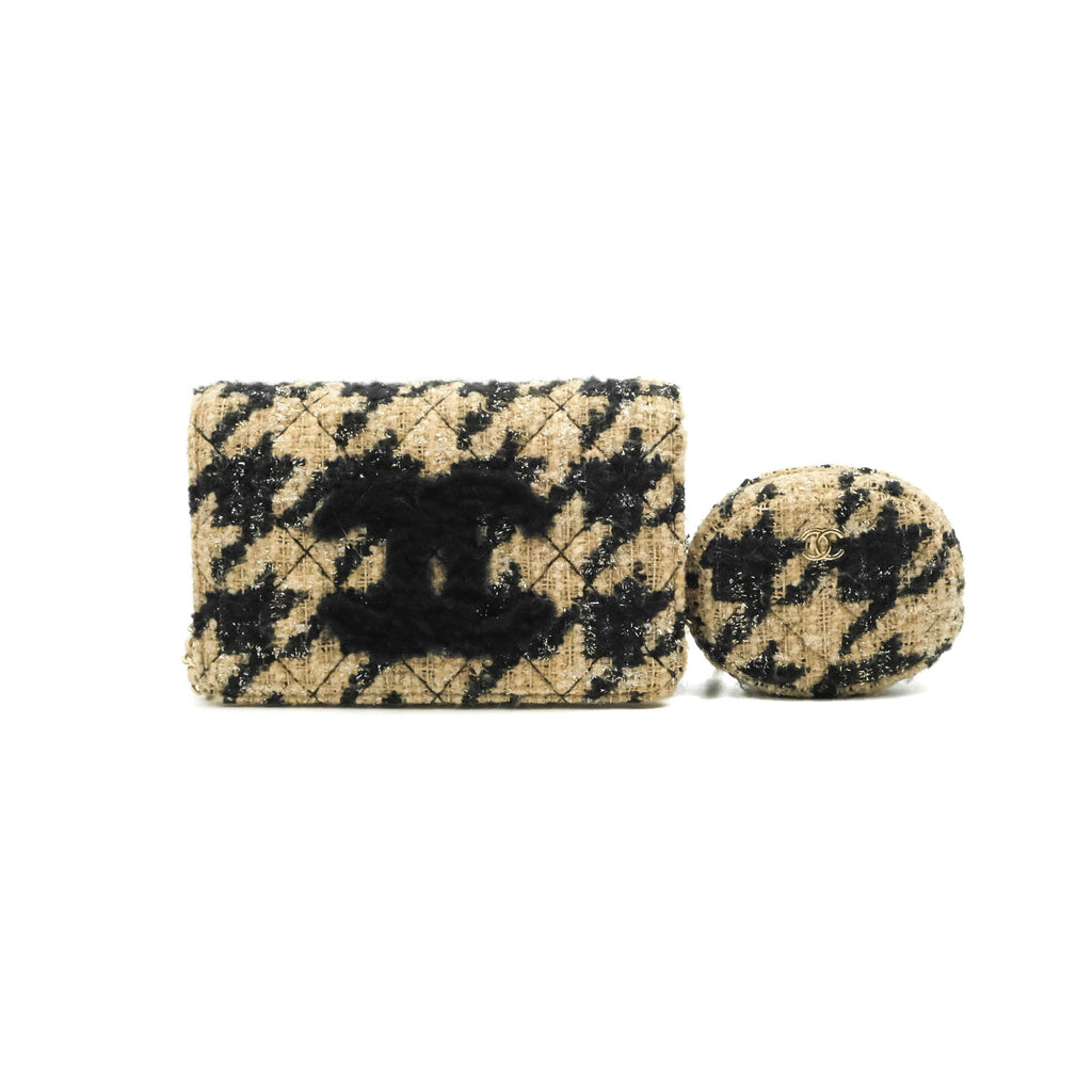 Chanel Wallet On Chain WOC Houndstooth Beige Black Tweed Gold Hardware