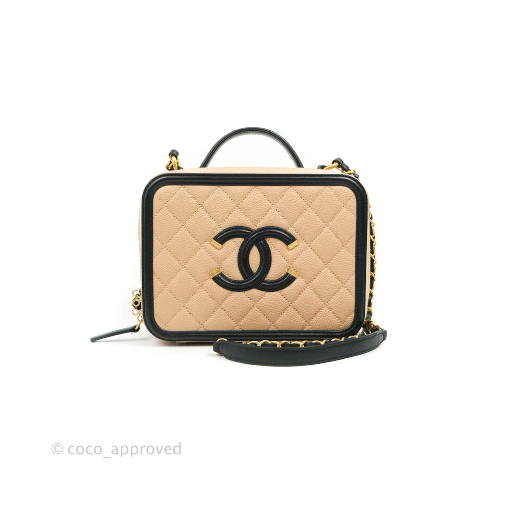 Chanel Quilted Medium CC Filigree Vanity Case Beige Caviar Gold Hardware