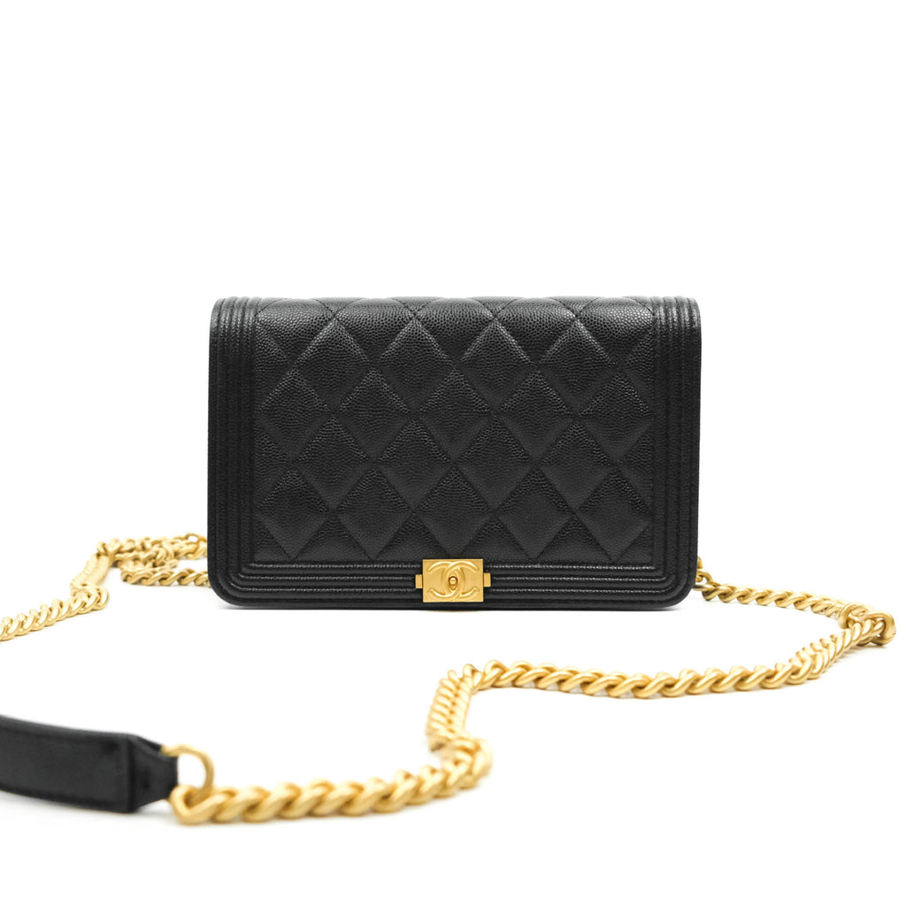 Chanel Quilted Boy Wallet on Chain WOC Black Caviar Aged Gold Hardware