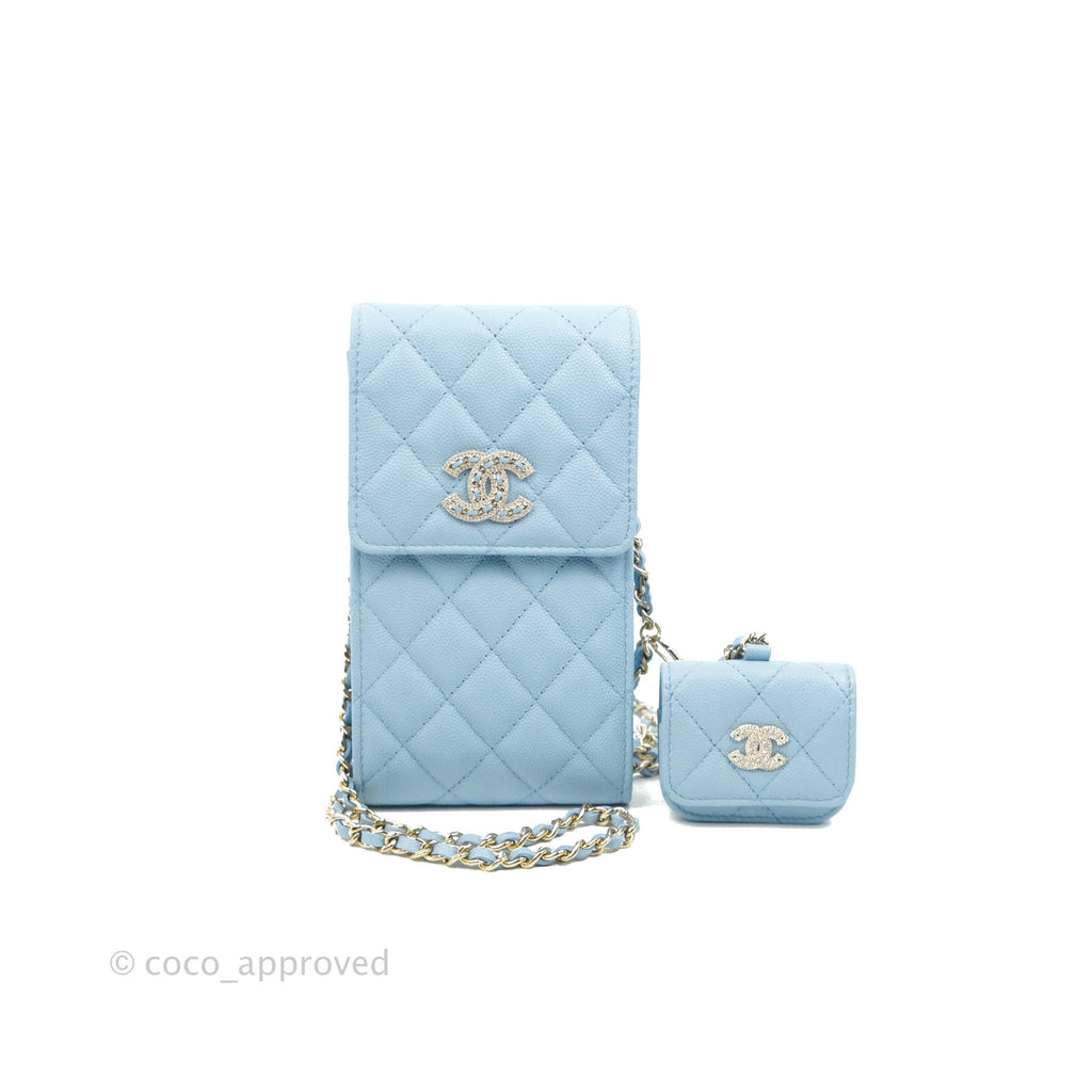 CHANEL Phone Holder & Airpods Case with Chain Grain Calfskin Tiffany Blue Gold Hardware