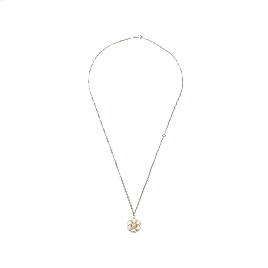 Chanel Pearl Flower CC Pendant Necklace Silver