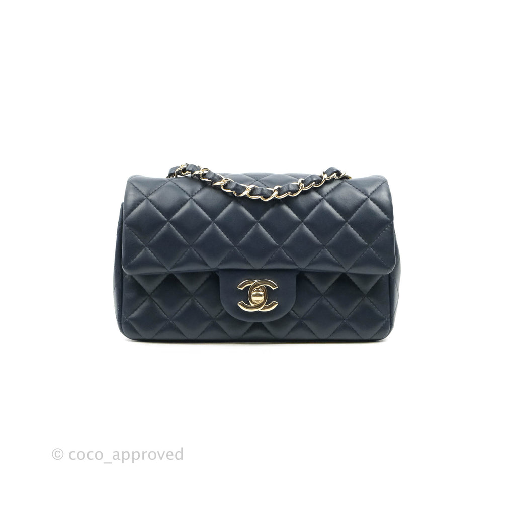 Chanel Quilted Mini Rectangular Flap Navy Lambskin Gold Hardware