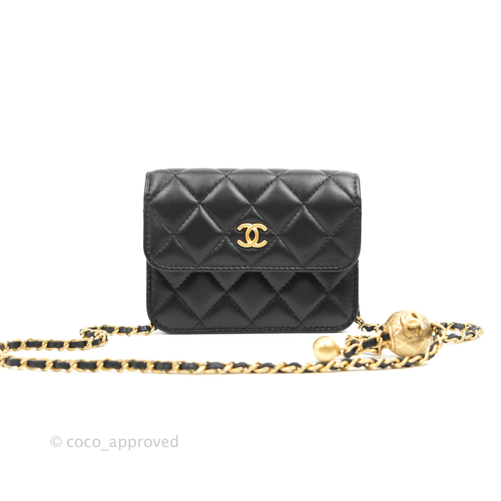 Chanel Mini Pearl Crush Clutch With Chain Black Lambskin Aged Gold Hardware