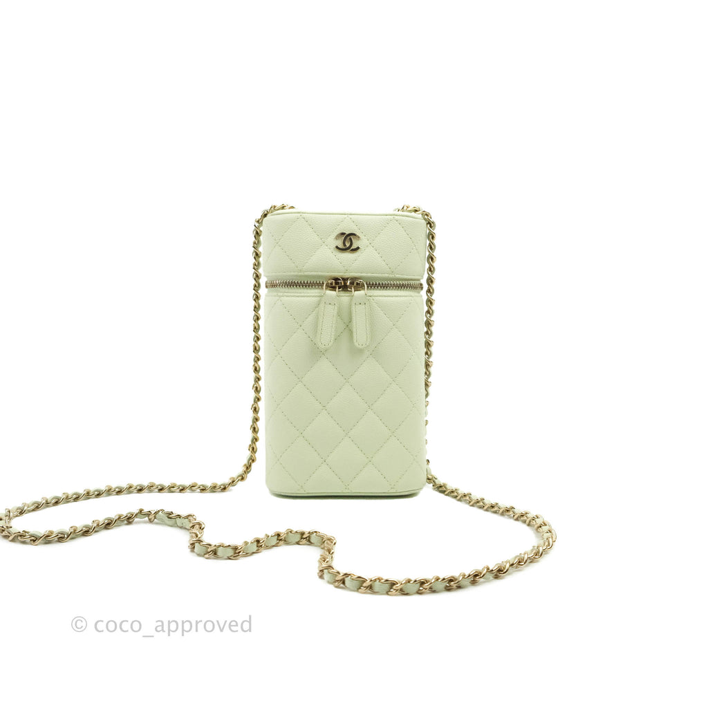 Chanel Vanity Phone Holder With Chain Light Green Caviar Gold Hardware