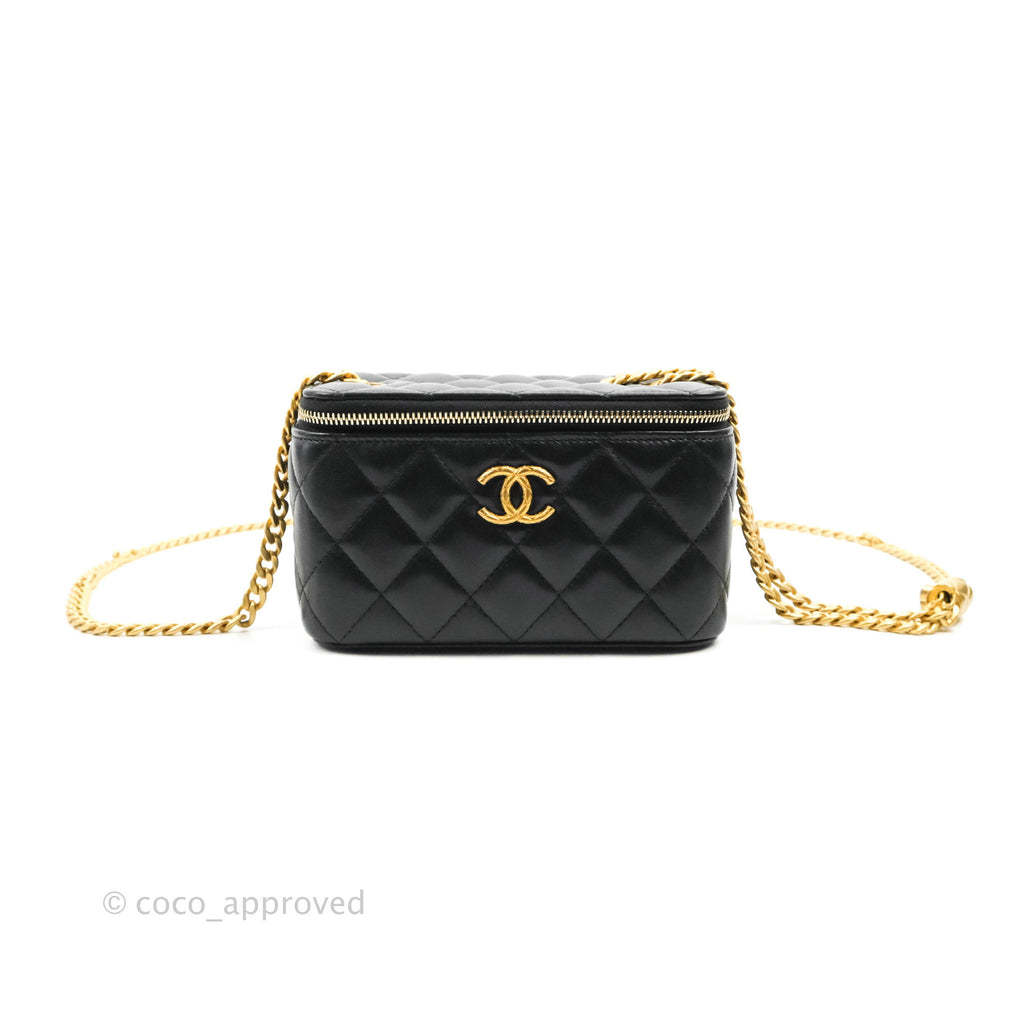 Chanel Vanity with Adjustable Chain Black Lambskin Aged Gold Hardware 22K