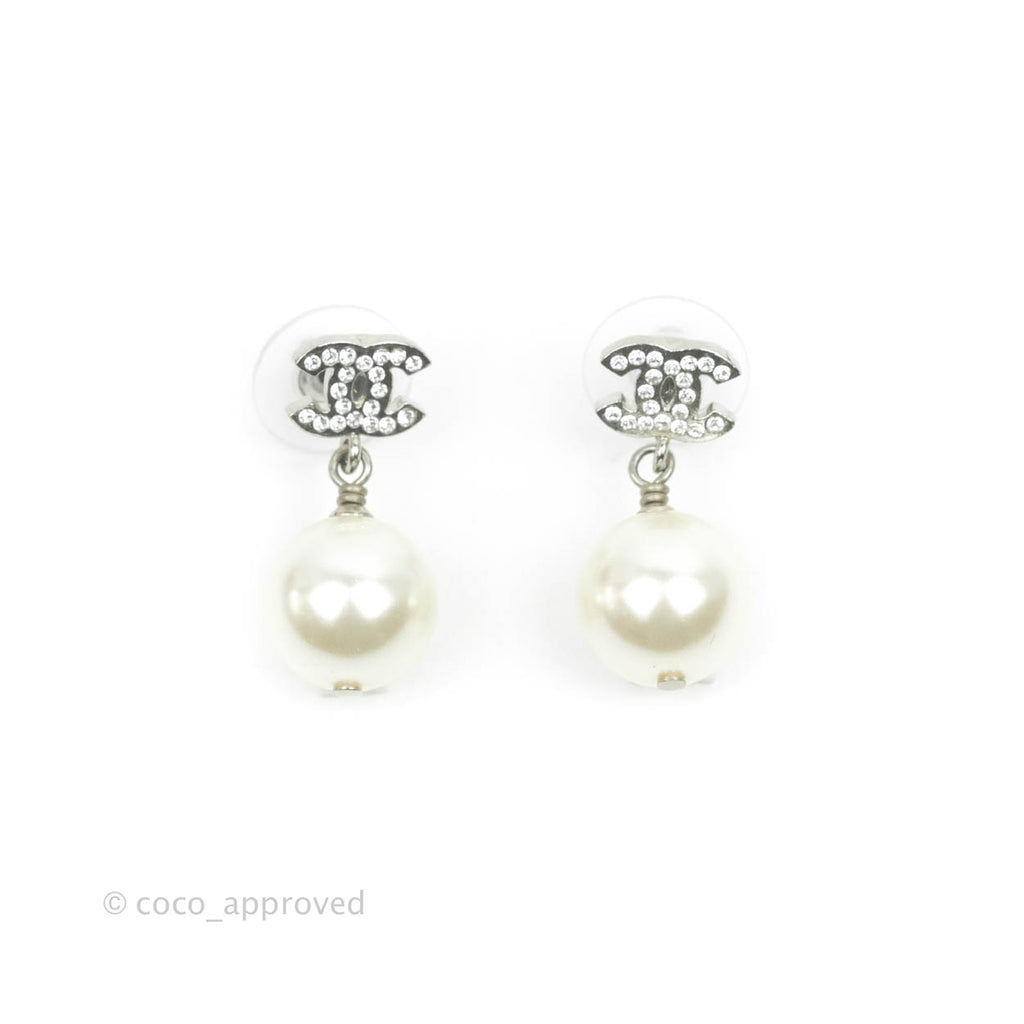 Chanel CC Crystal Pearl Drop Earrings Silver Tone 20V