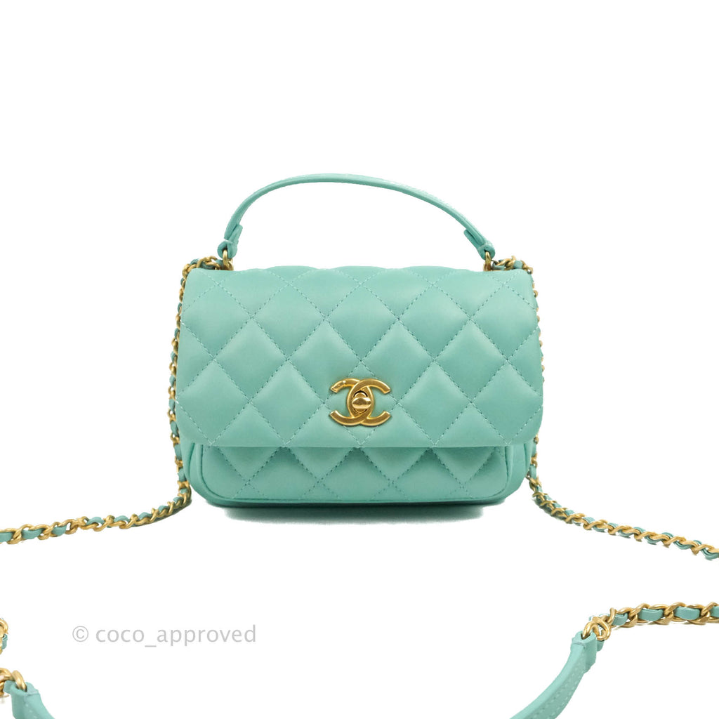 Chanel Quilted Small Day Trip Tiffany Blue Green Lambskin Aged Gold Hardware