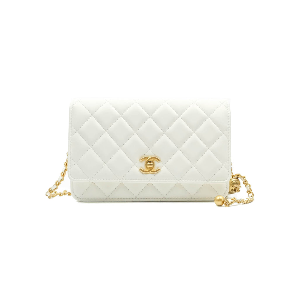 Chanel Quilted Pearl Crush Wallet on Chain WOC White Lambskin Aged Gold Hardware