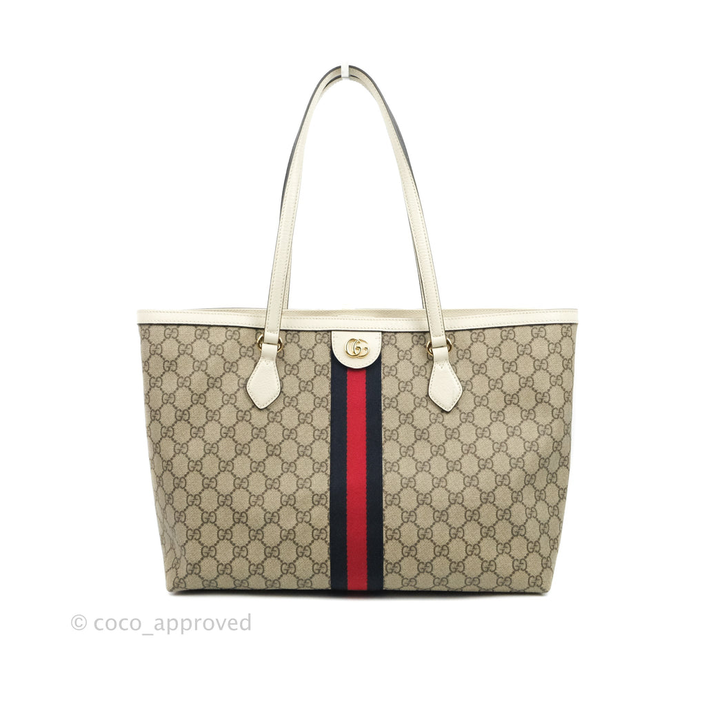 Gucci Ophidia Medium Tote With Web GG Supreme Canvas Beige Ebony