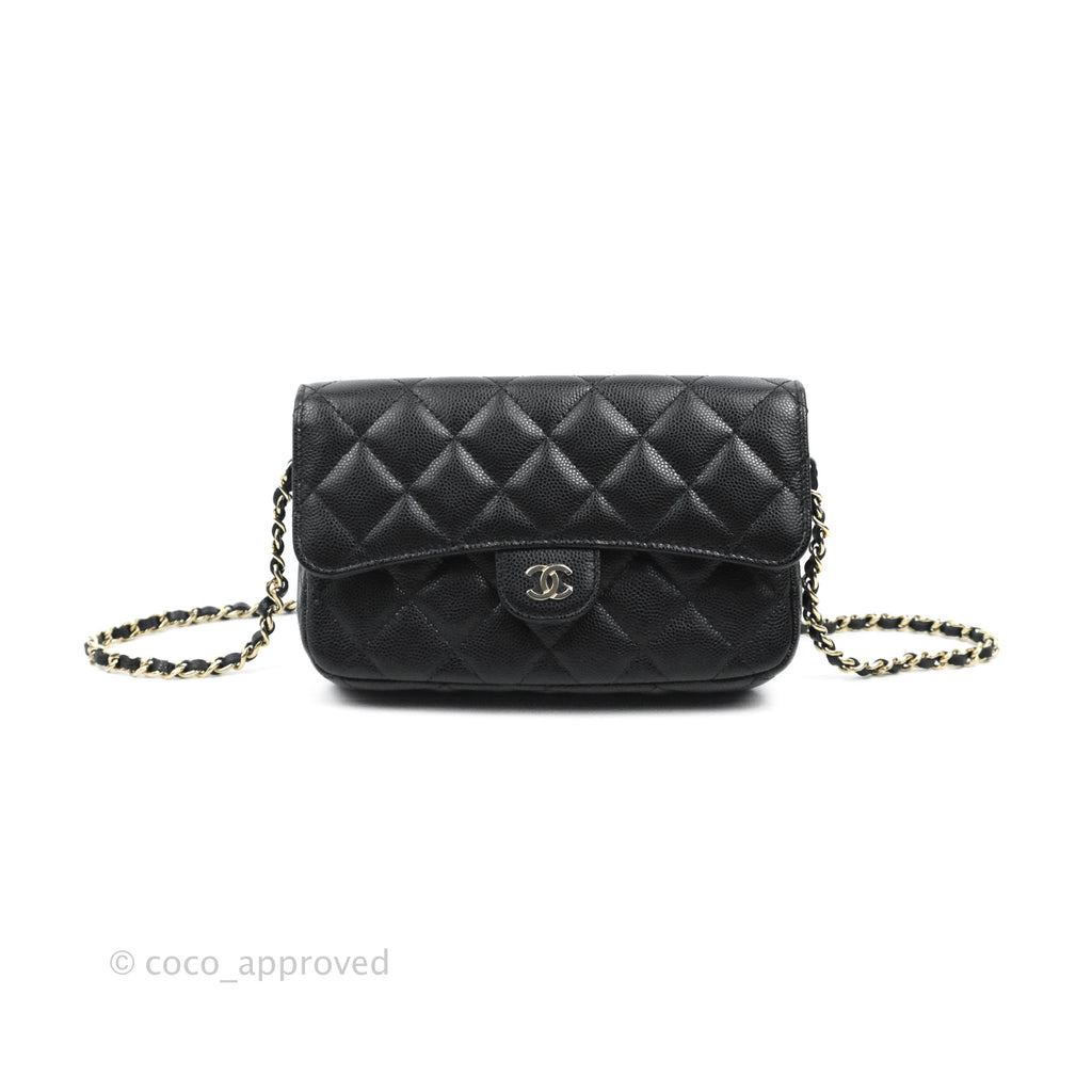 Chanel Phone Holder With Chain Black Caviar Gold Hardware 22A