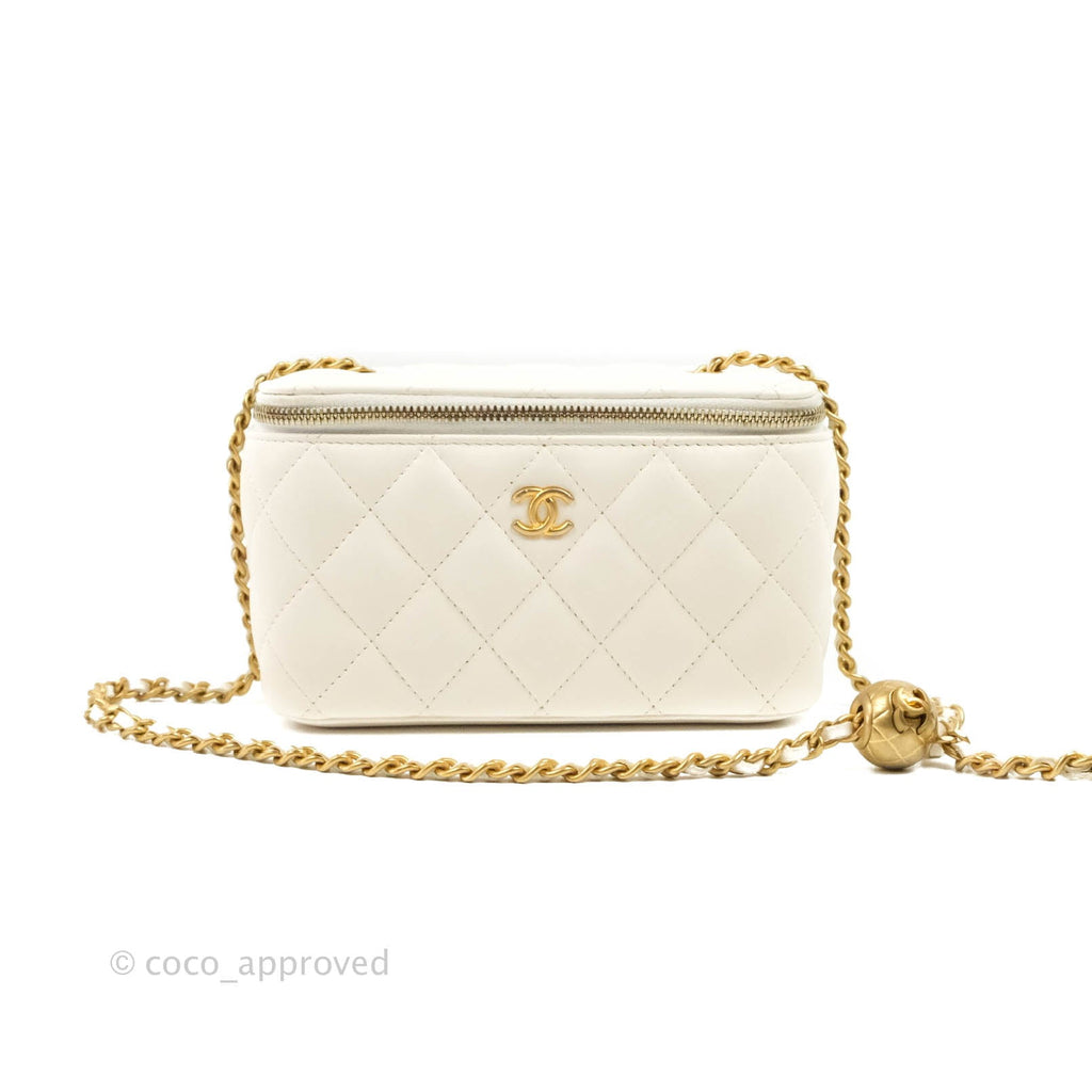 Chanel Pearl Crush Vanity With Chain White Lambskin Aged Gold Hardware
