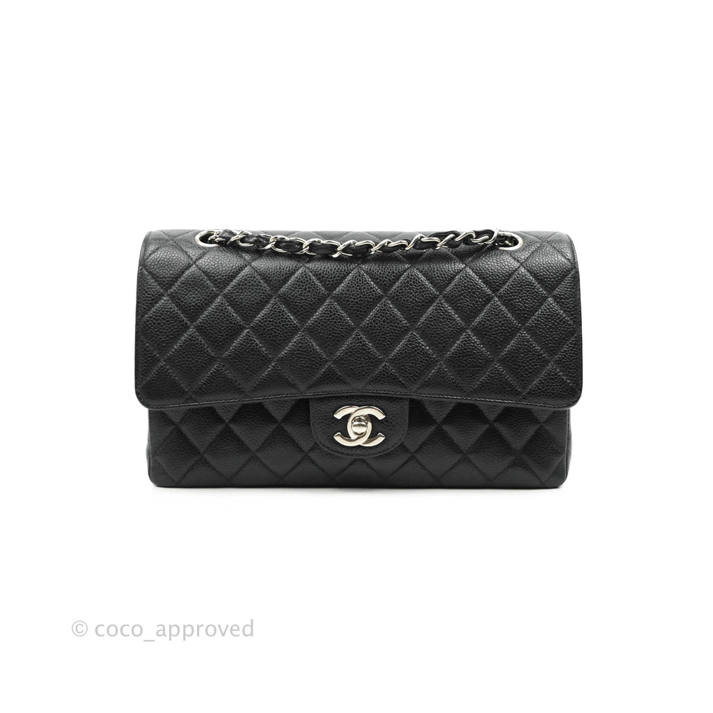 Chanel Vintage Classic M/L Medium Flap Quilted Black Caviar Silver Hardware