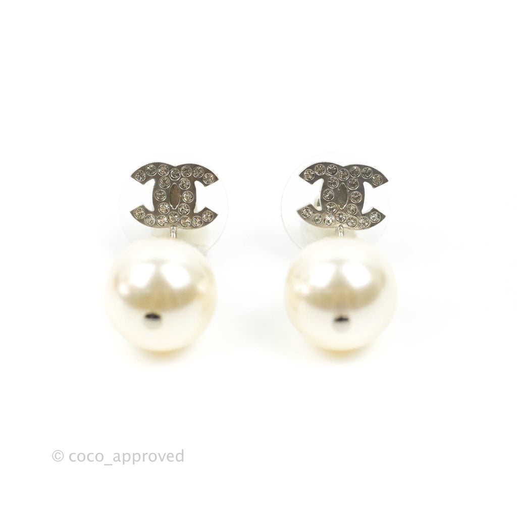 Chanel CC Crystal Pearl Drop Earrings Silver Tone 23V