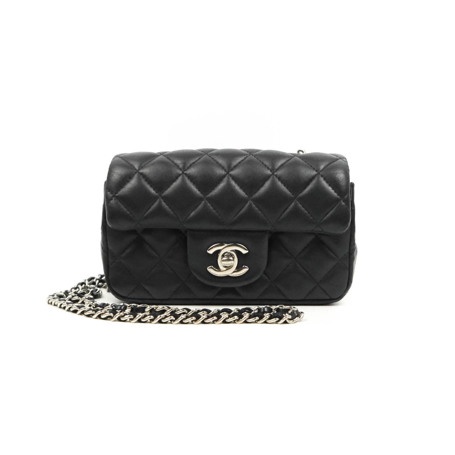 Chanel Quilted Extra Mini Rectangular Flap Black Lambskin Silver