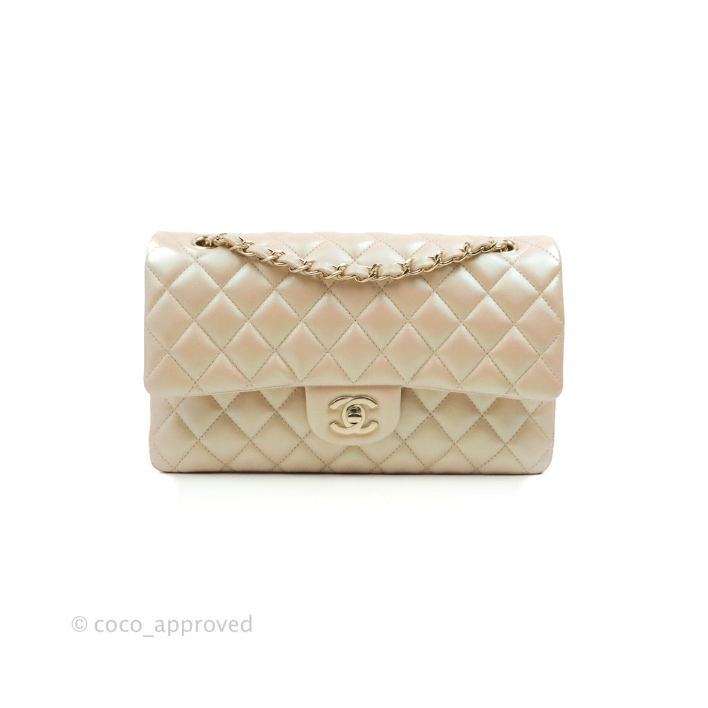 Chanel Classic M/L Medium Double Flap Iridescent Beige Calfskin Gold Hardware 21S