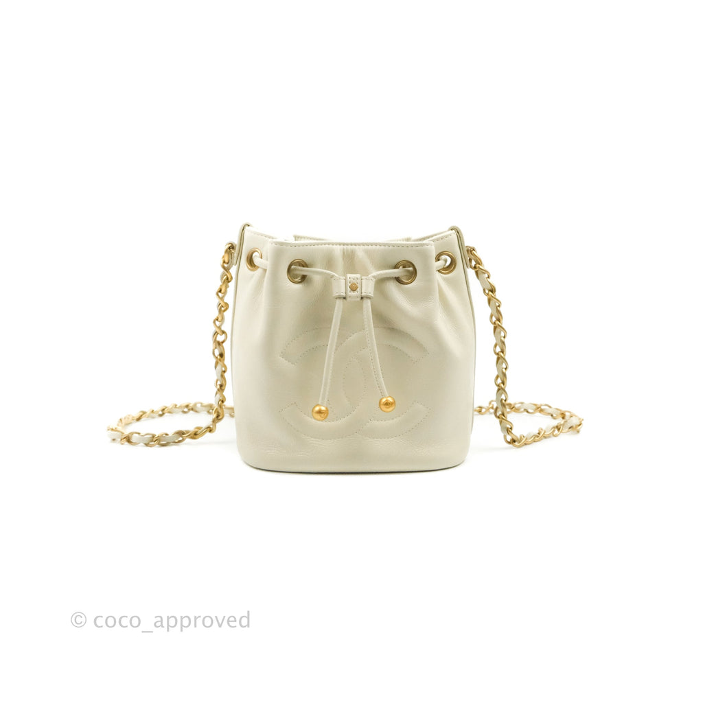 Chanel CC Small Drawstring Bucket Bag White Calfskin Aged Gold Hardware