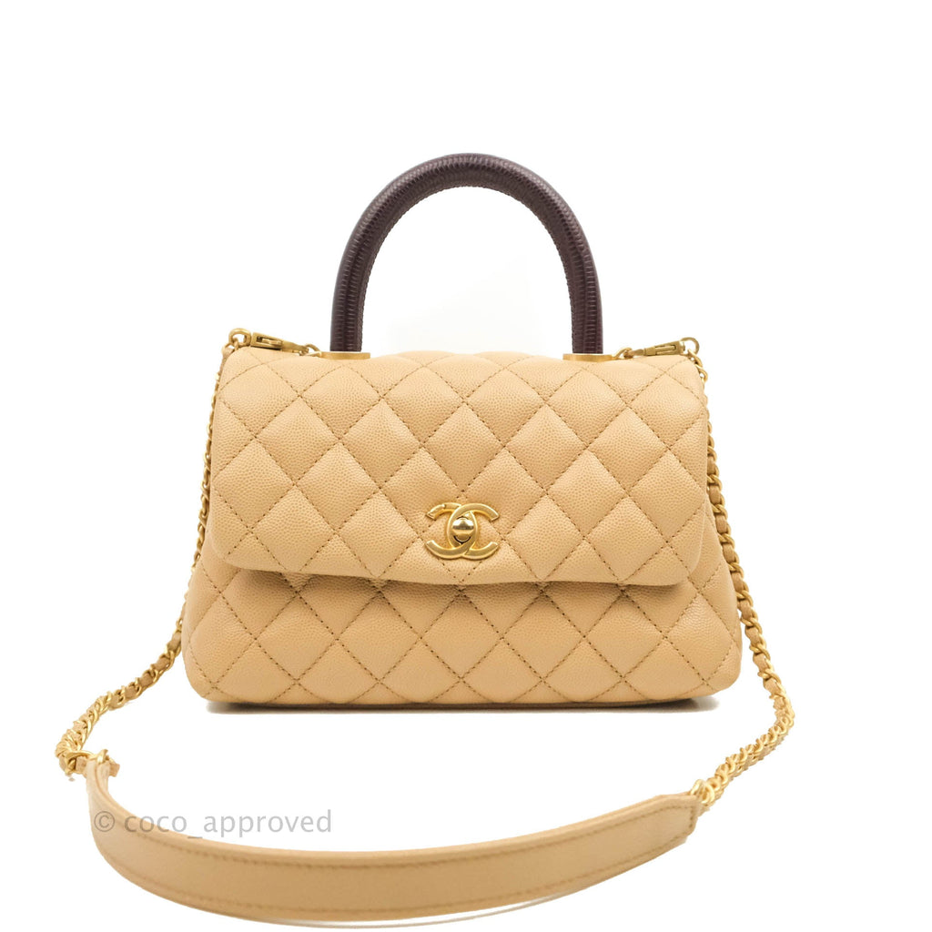 Chanel Small Coco Handle Quilted Beige Caviar Gold Hardware Lizard Embossed Handle