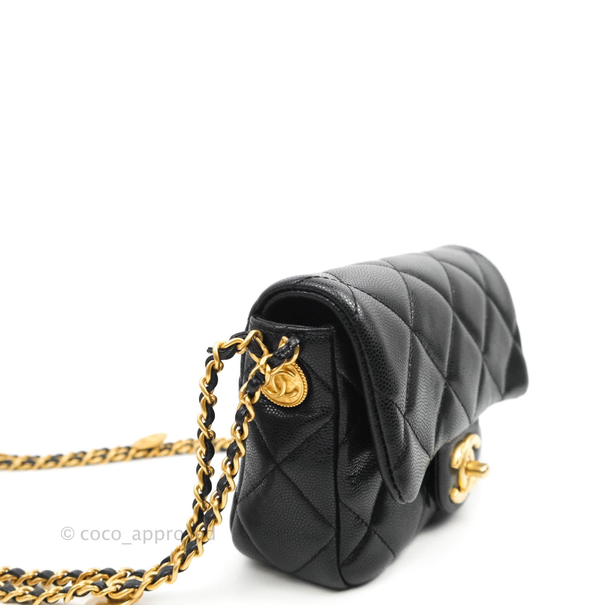 Chanel Mini Flap with Coin Charm Black Caviar Aged Gold Hardware 22A – Coco  Approved Studio
