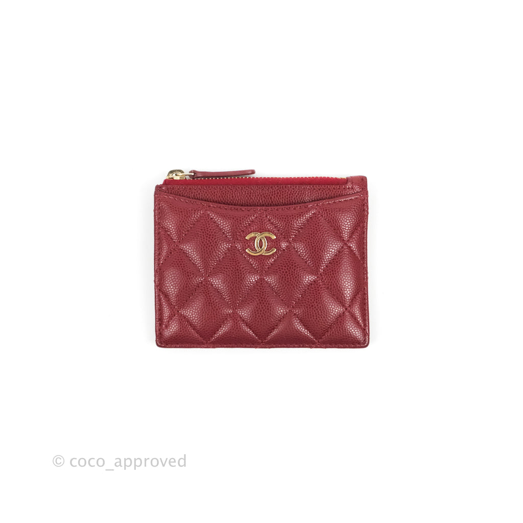 Chanel Quilted CC Zipped Card Holder Red Caviar Gold Hardware