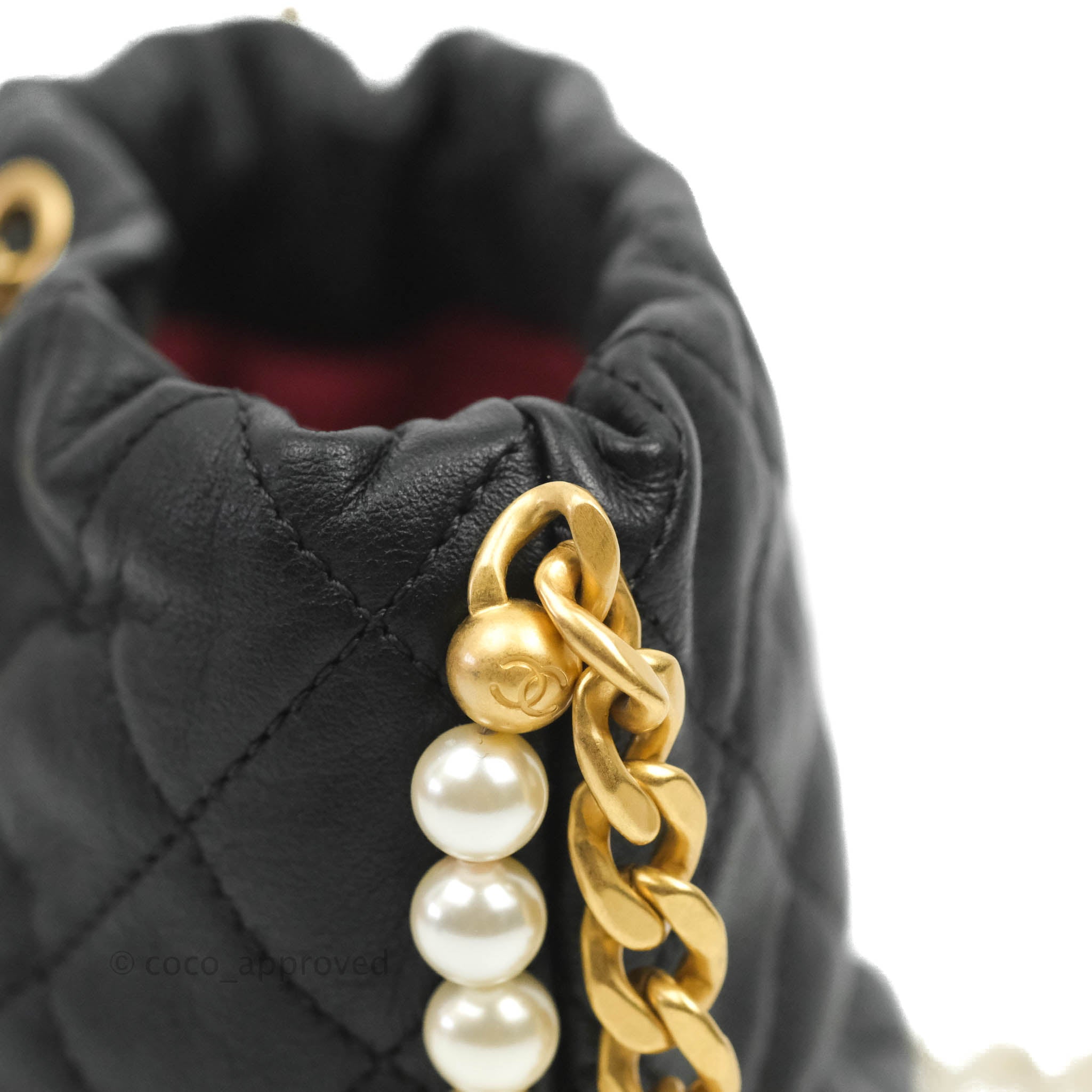 Chanel 2021 Black Quilted Lambskin Leather Pearl Drawstring Bucket Bag
