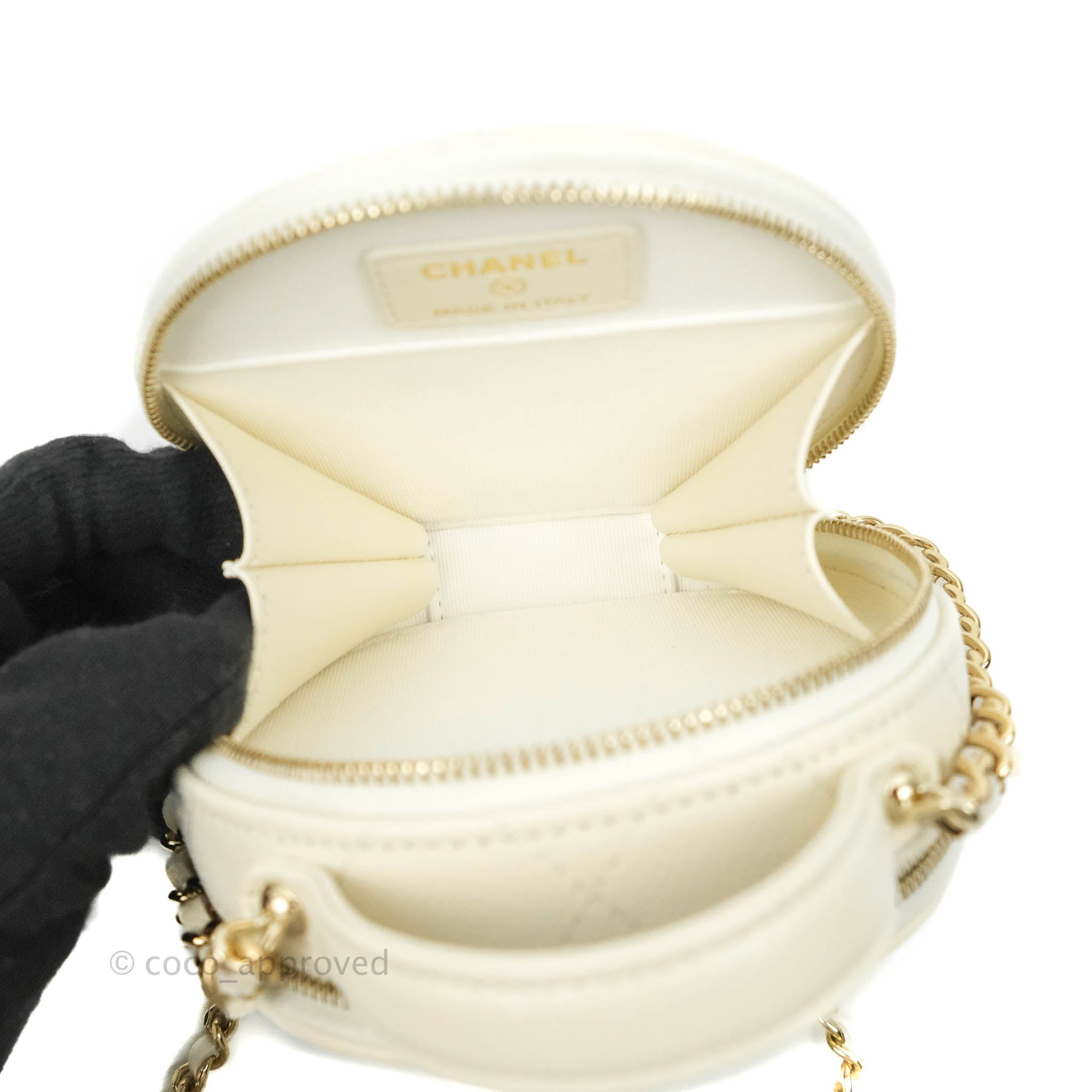 Chanel Mini Round Vanity Bag Handle With Care Pink Caviar 22C – Coco  Approved Studio