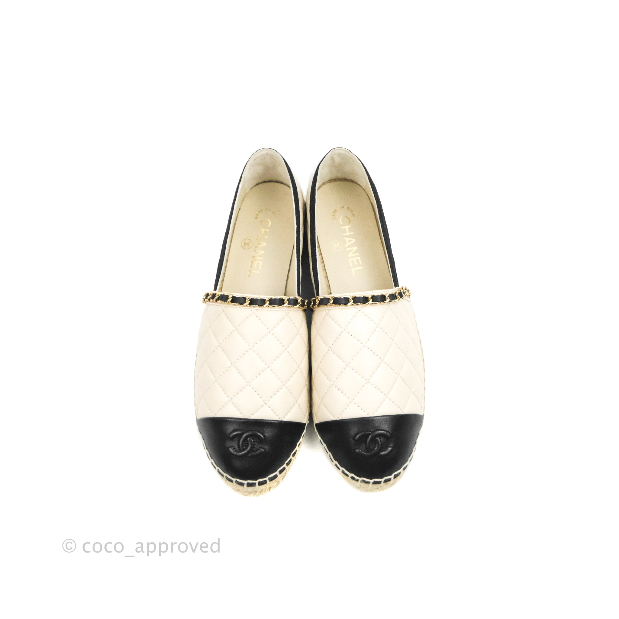 Chanel Quilted CC Espadrilles Ivory Black Lambskin Size 40 – Coco