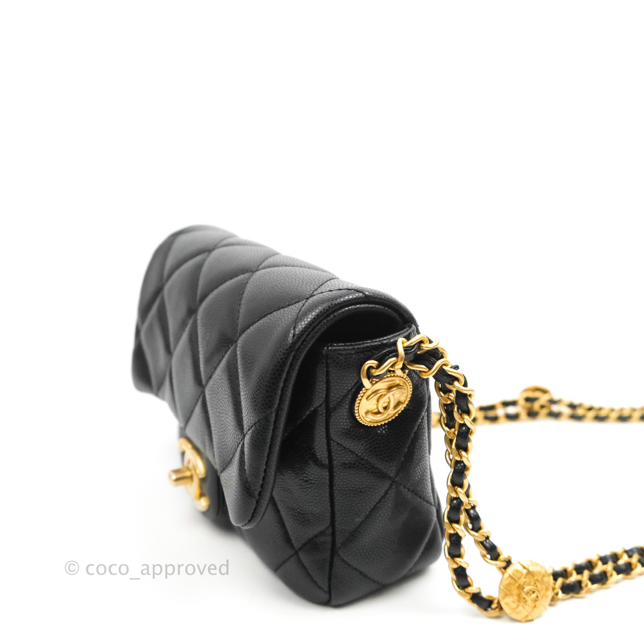 Chanel Mini Flap with Coin Charm Black Caviar Aged Gold Hardware