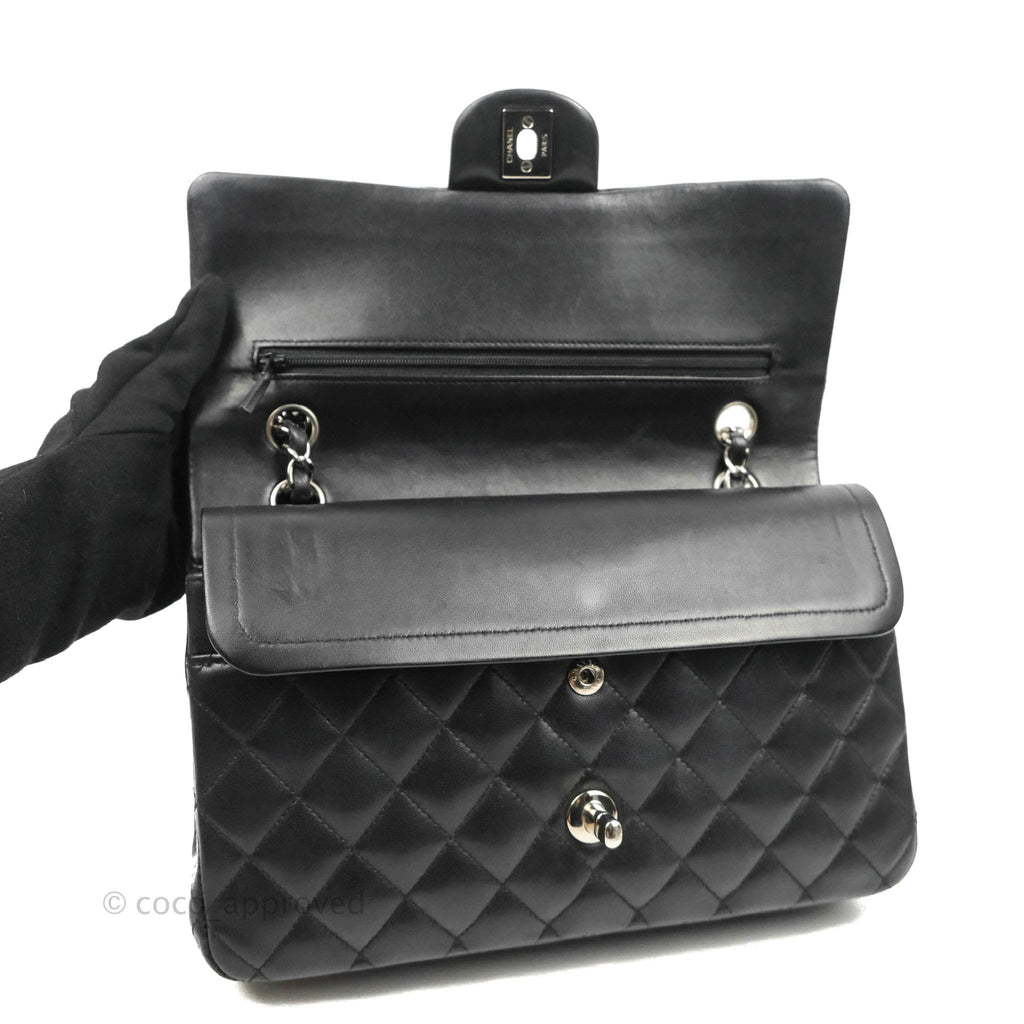Chanel Quilted Classic M/L Medium Flap Black Lambskin Silver Hardware