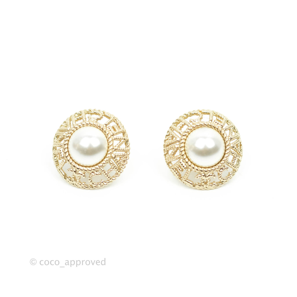 Chanel Pearl CC Round Rope Logo Earrings Gold Tone 21V