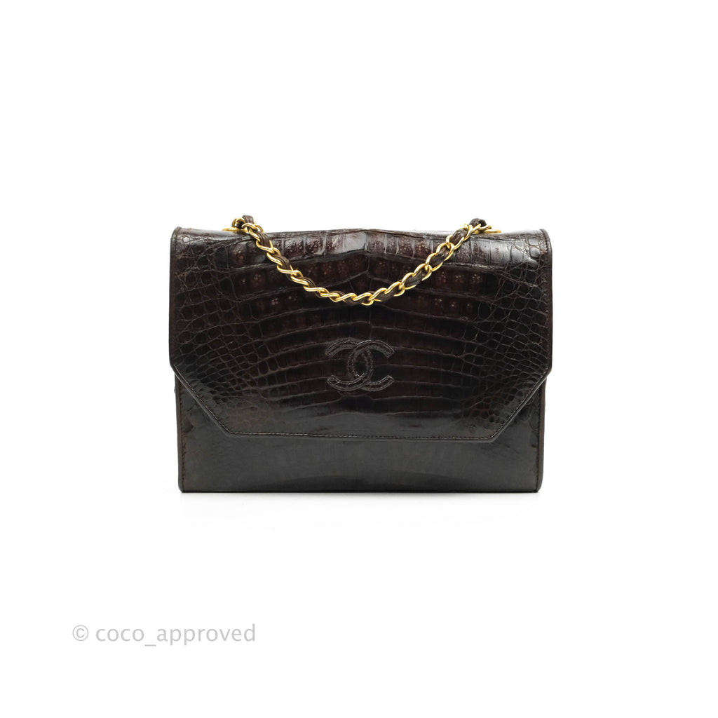 Chanel Vintage Brown Crocodile Leather Shoulder Bag Gold Hardware