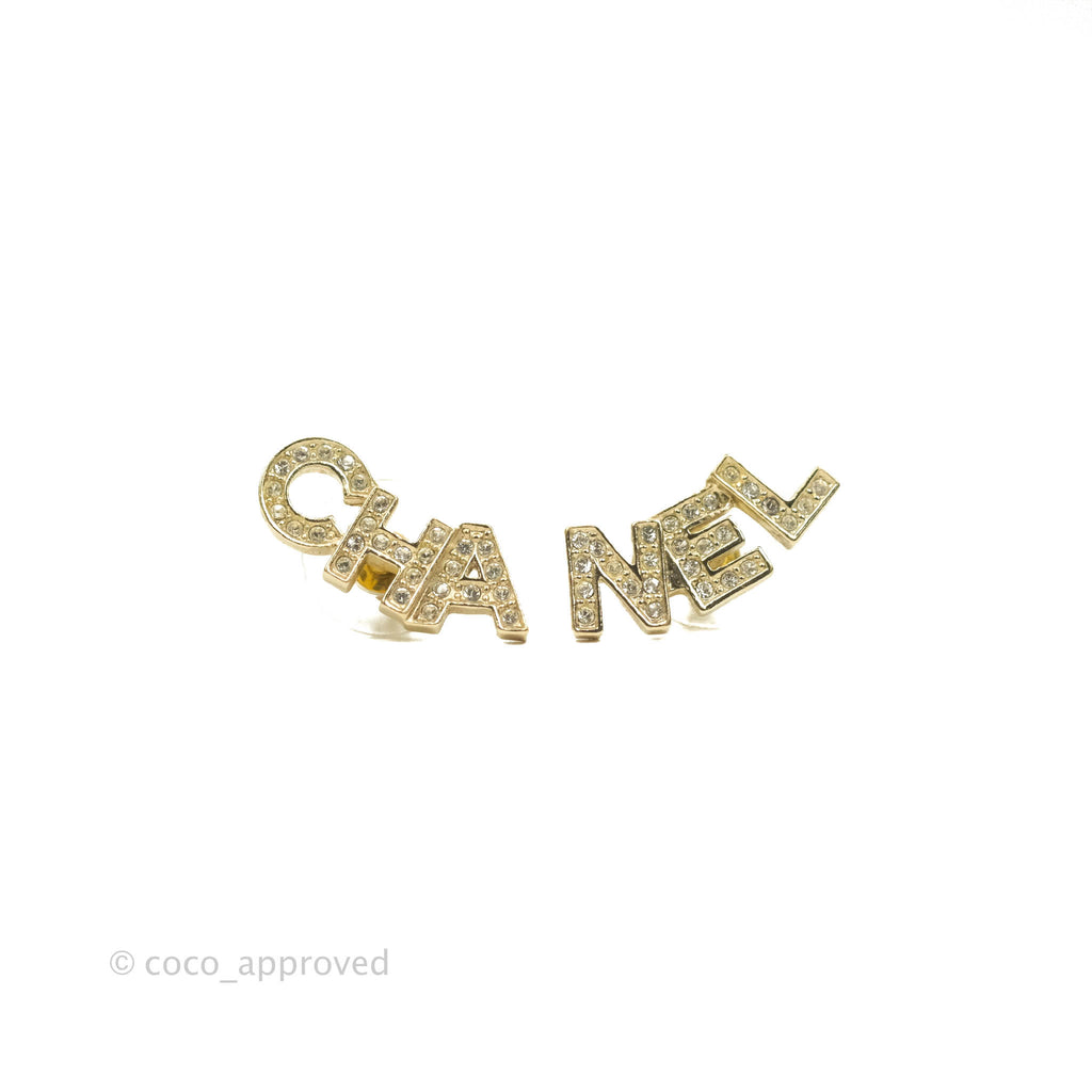 Chanel Crystal Signature Stud Earrings Gold Tone 21V